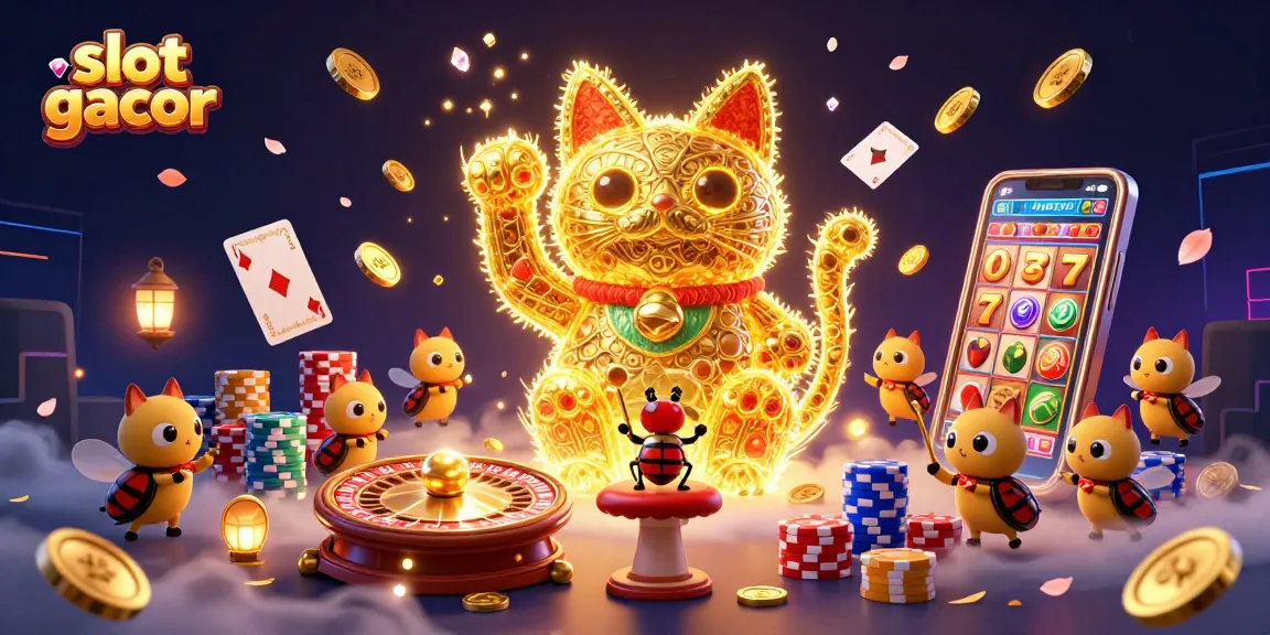 Experience the thrill of slot gacor with golden fireflies shaped like a lucky cat amidst casino symbols.