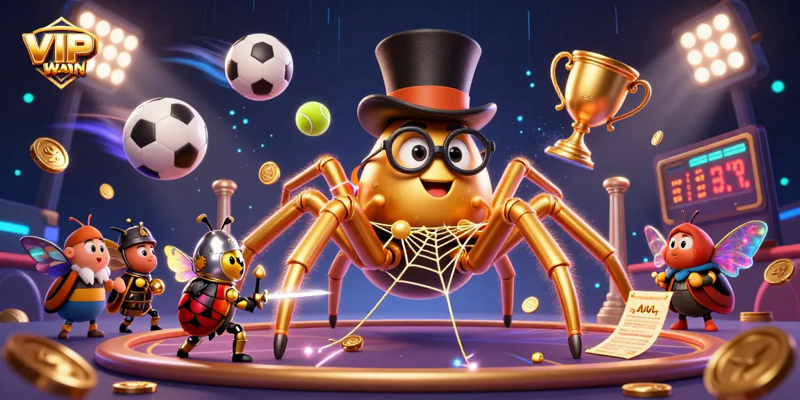Engage with VIPWIN’s thrilling world, where a golden tarantula weaves excitement in a vibrant casino setting.
