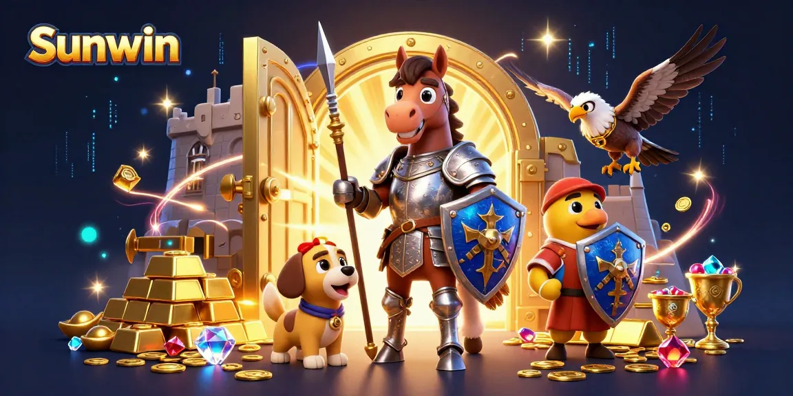 Engage with Sunwin's thrilling gaming experience featuring a knight, puppy, and falcon surrounded by treasures.
