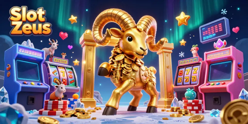 Engage with Slot Zeus amidst vibrant arcade machines and dynamic casino elements.