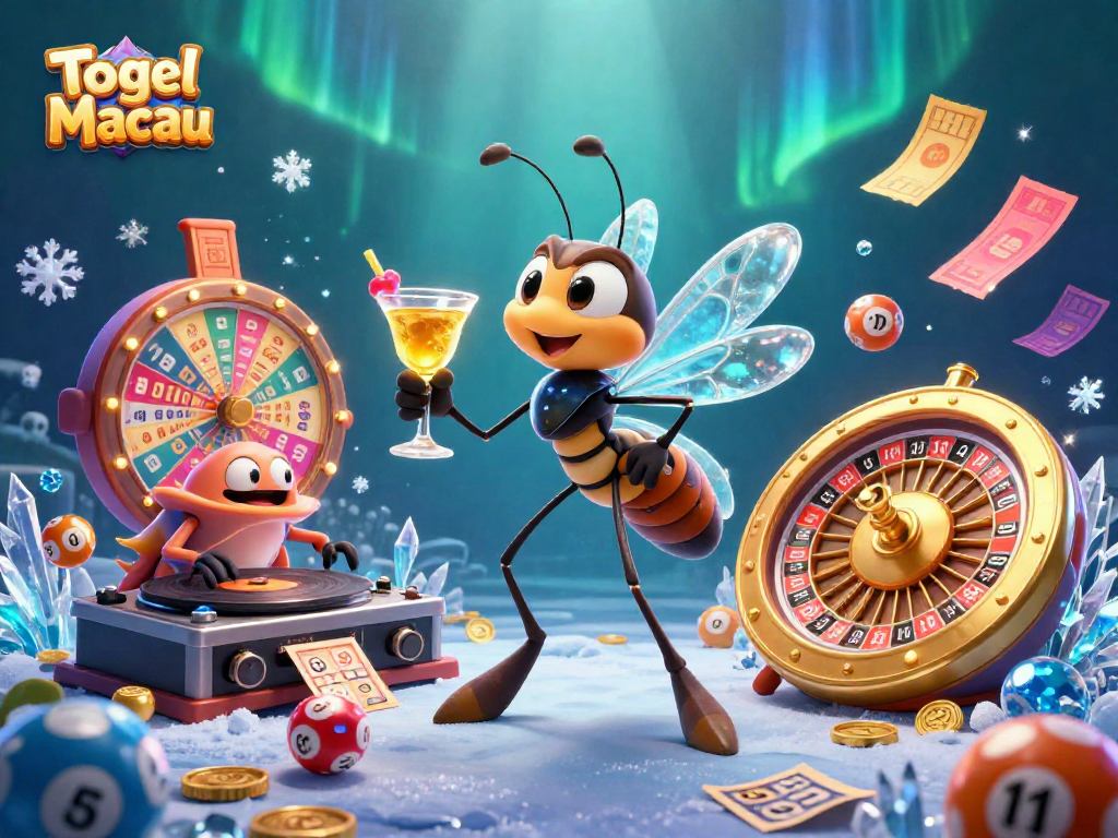 Engage with Togel Macau lottery excitement as a playful frozen mosquito mascot and trilobite DJ create a winning atmosphere.