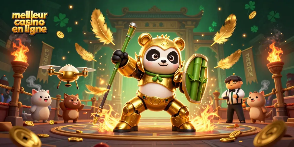 Jouez au meilleur casino en ligne avec une illustration animée de panda et robot dans une arène vibrante.