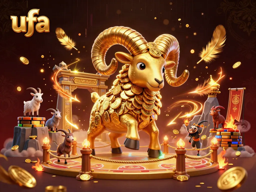 ภาพการ์ตูน 3D ของ ufa ที่มีแกะทองคำวิ่งตรงไปยังประตูทองคำท่ามกลางอากาศสวยงาม