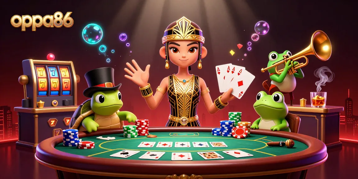 Experience thrilling gameplay at oppa86 with vibrant characters amidst a bustling casino scene featuring poker elements.