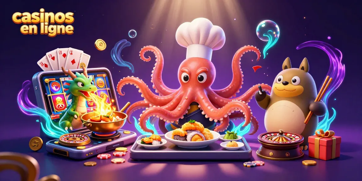 Les casinos en ligne offrent des jeux variés où un chef sushi, un dragon et un tanuki s'amusent.
