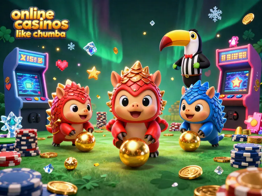Engage with online casinos like Chumba in a colorful 3D scene featuring animated pangolins bowling chips surrounded by vibrant gaming elements.