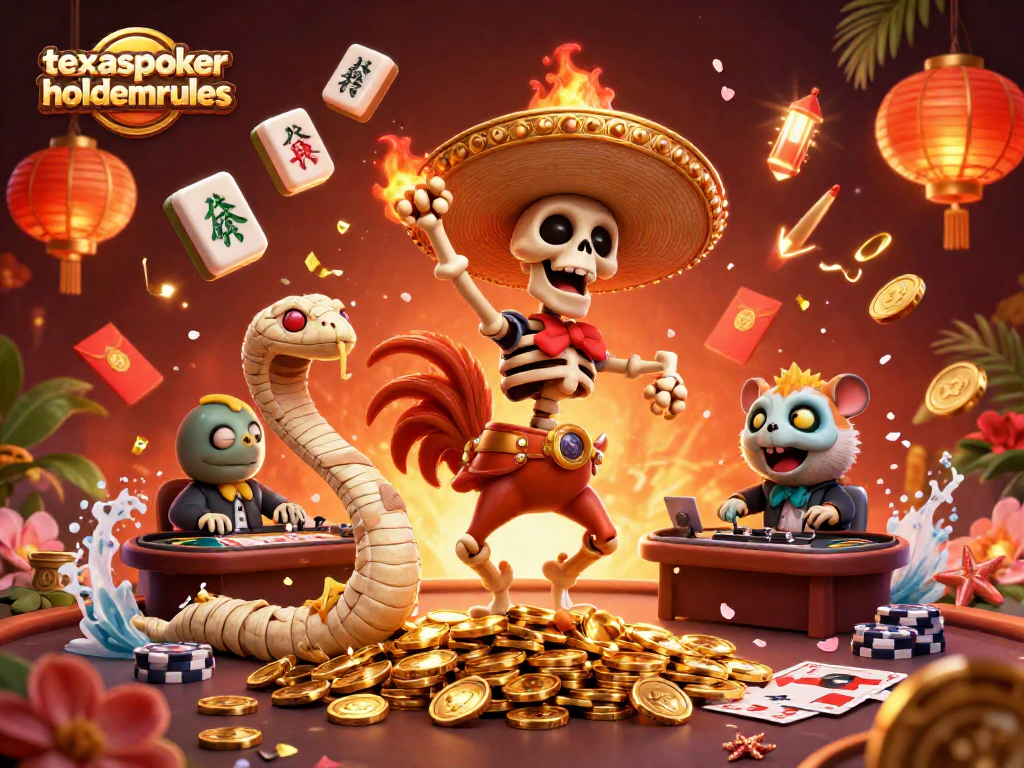 texaspokerholdemrules showcases a vibrant poker scene with a dancing skeleton mariachi, mummy snake, and DJ hamster.