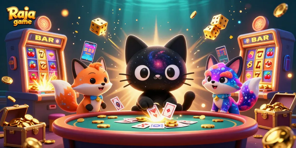 Engage in thrilling gameplay with the Raja game, featuring vibrant characters and casino symbols.