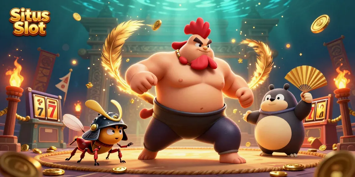 Putaran Situs Slot dengan karakter ayam sumo, kriket, dan tanuki dalam arena pertarungan.