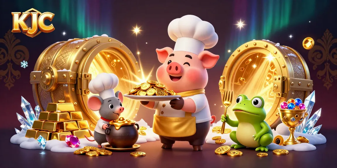 Engage with KJC's vibrant casino experience featuring gold coins, a chef pig, and lucky elements.