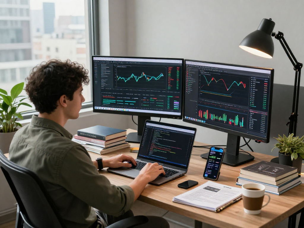 Engaged trader using MetaTrader 5 for market analysis and trading strategies.
