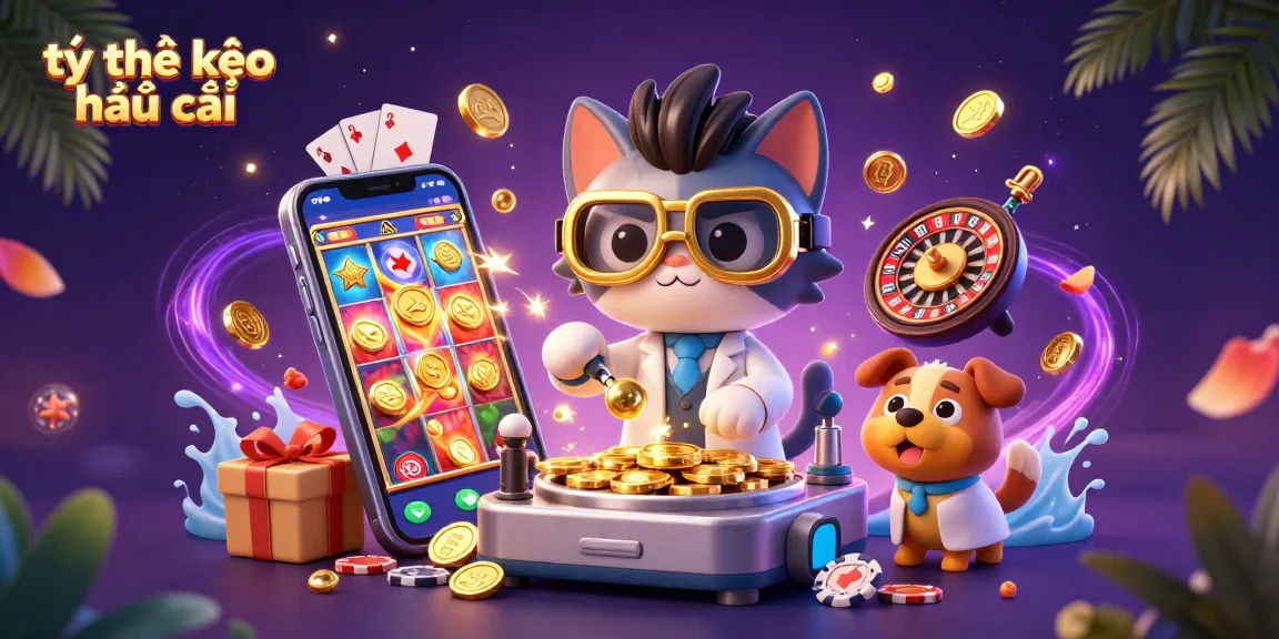 Experience thrilling betting action with tỷ lệ kèo nhà cái amidst vibrant gaming elements and a mad scientist cat.