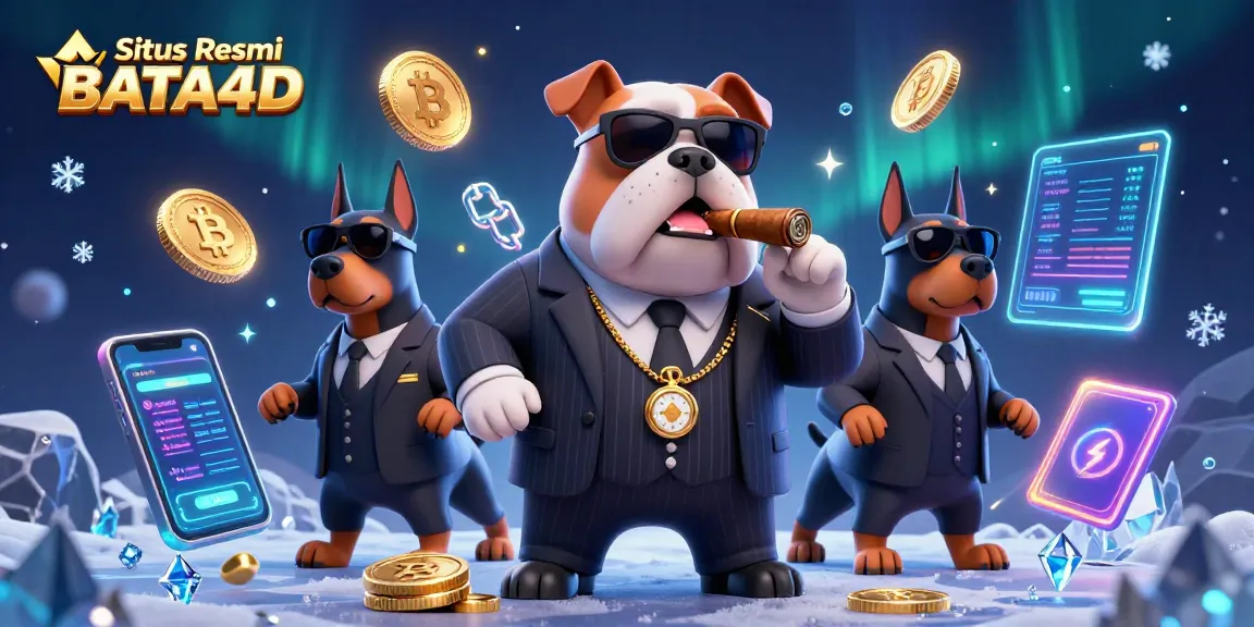 Situs Resmi BATA4D showcasing a vibrant cryptocurrency casino scene with a cartoon bulldog and Doberman bodyguards.