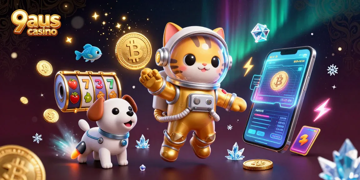 Engage with vibrant fun at 9aus casino featuring an astronaut cat, robot dog, and floating crypto coins.