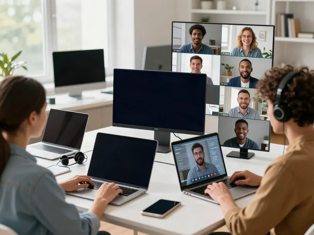Deepfake protected online video calls featuring professionals in a bright and secure virtual meeting environment.