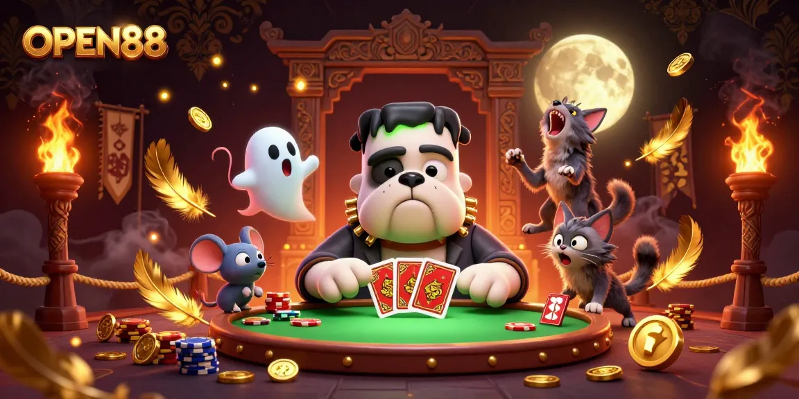 Experience thrilling gameplay at OPEN88 with a spooky cartoon scene featuring unique characters and casino elements.