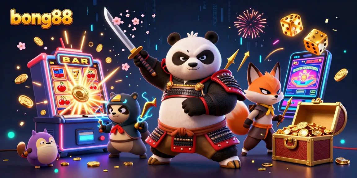 Engage with bong88’s thrilling slots, featuring a samurai panda and ninja fox amid a jackpot explosion.