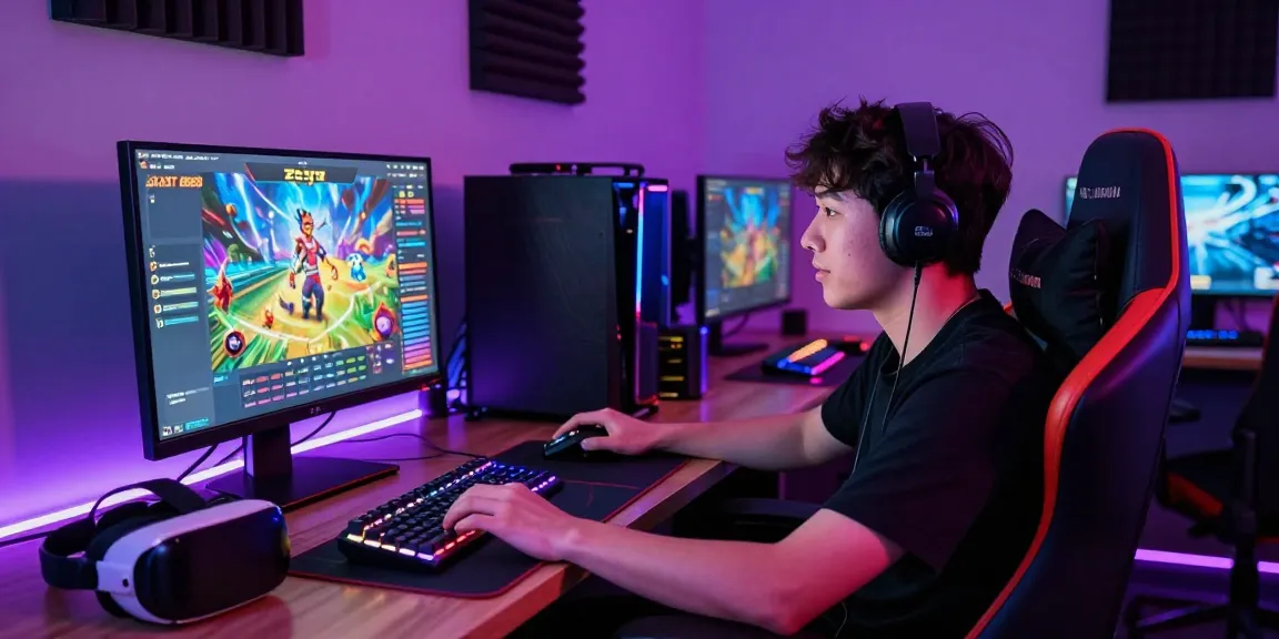 Engaged gamer enjoying situs 888 on a vibrant monitor with colorful Slot Zeus graphics and gaming setup.