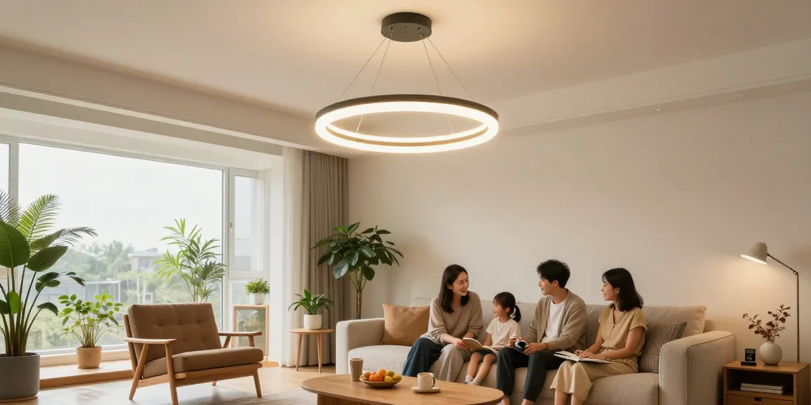 Lustra living elegantă într-un living modern cu iluminare ambientală caldă.
