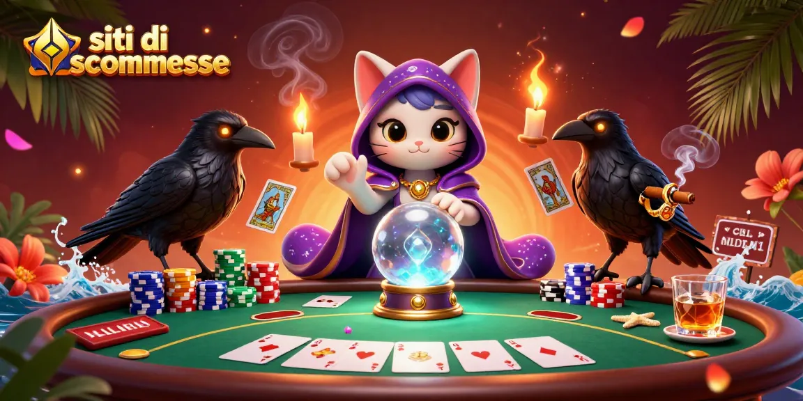 Scopri i siti di scommesse con un cattivo gatto mistico e un corvo che distribuisce carte tra poker!
