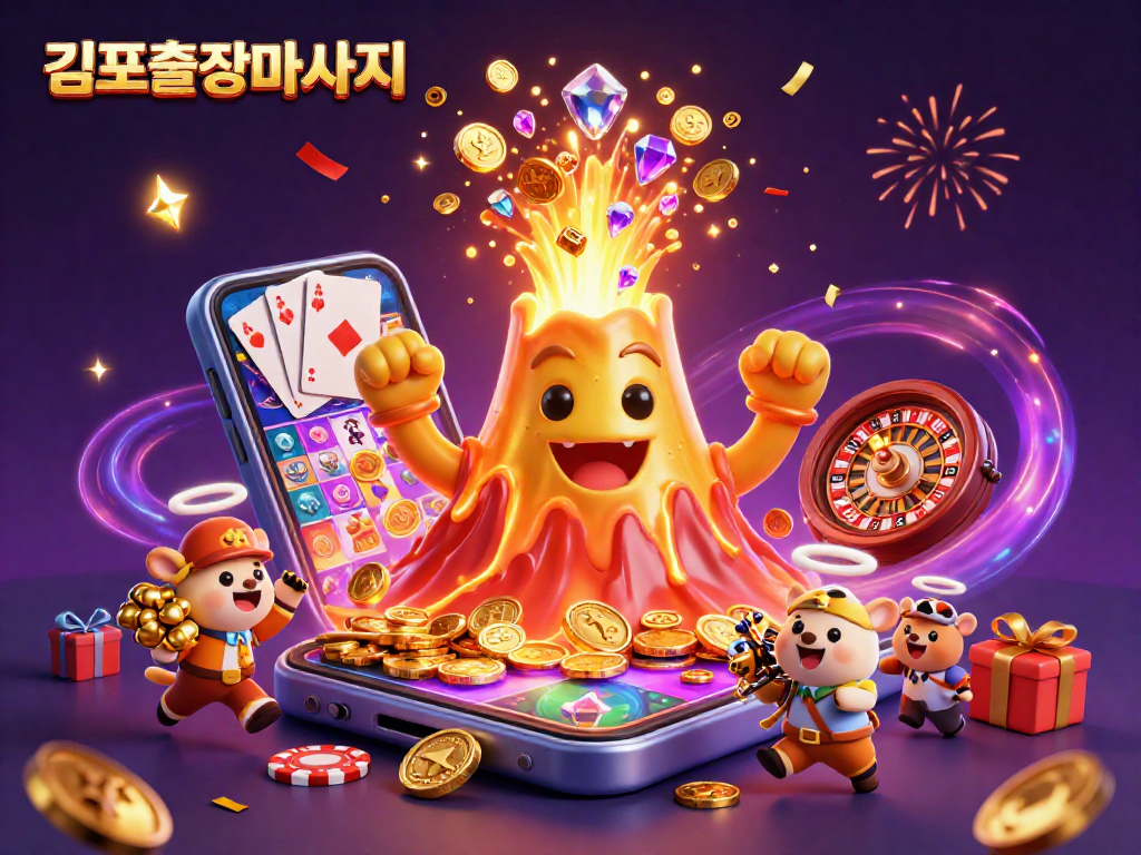 Spin big wins with 김포출장마사지, a vibrant casino scene with a golden volcano and treasure showers.