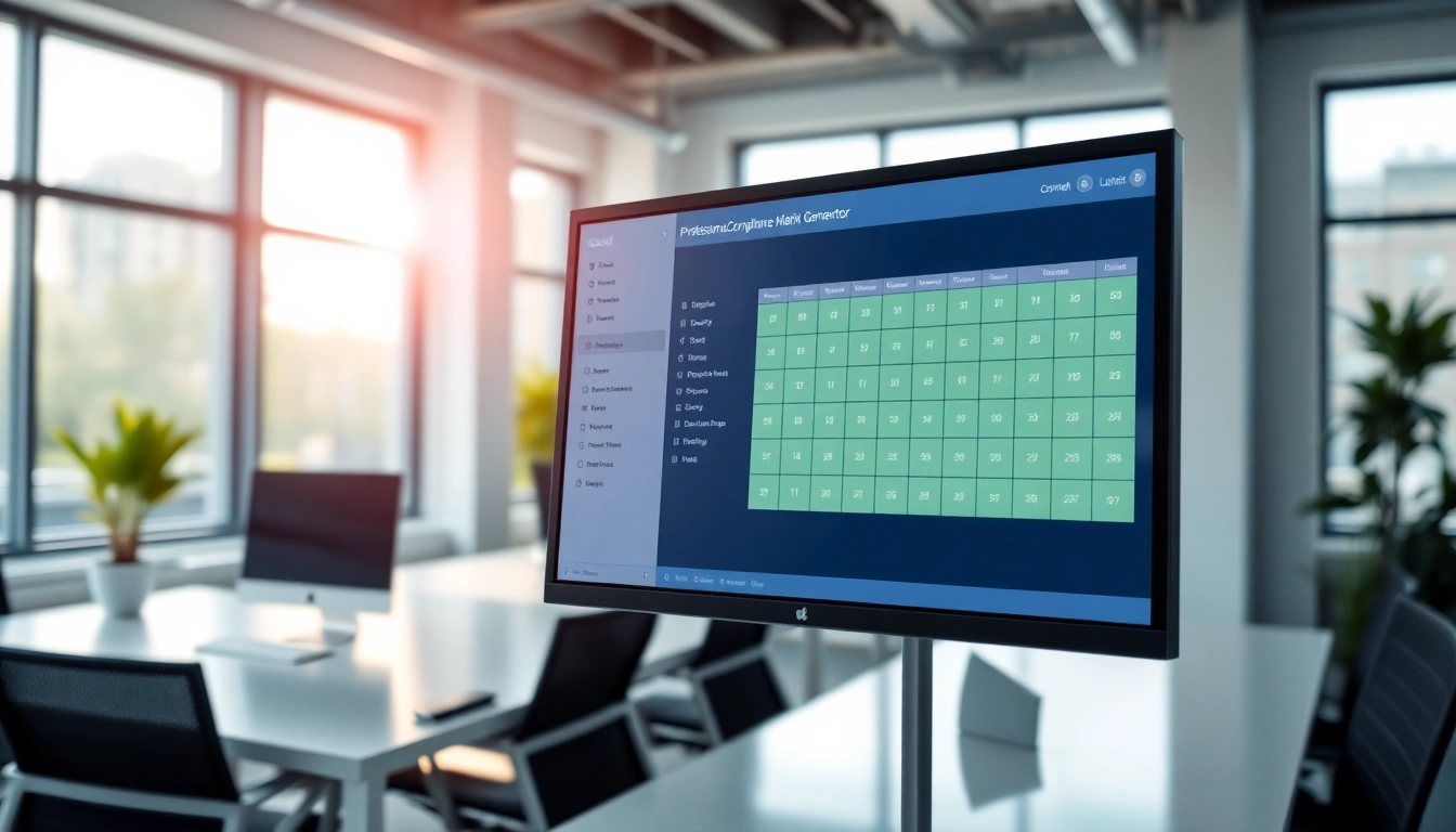 Utilizing a compliance matrix generator software interface in a sleek modern office.