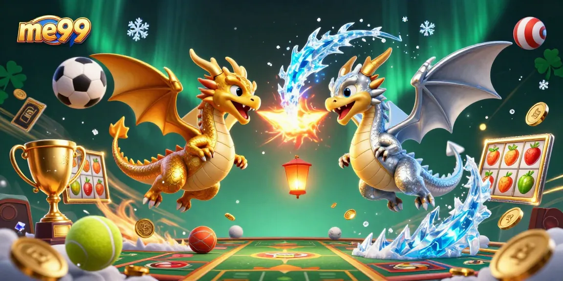 Play exhilarating games at me99 with golden dragons amidst vibrant casino elements.
