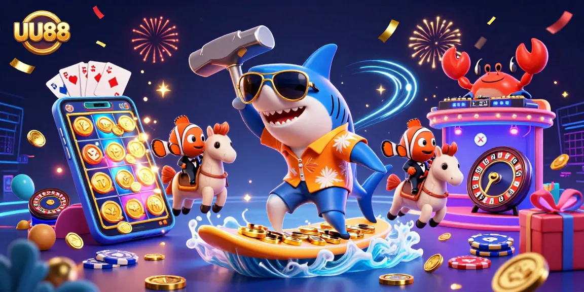 Win big at UU88 with exciting casino games depicted in vivid 3D illustration featuring vibrant characters.