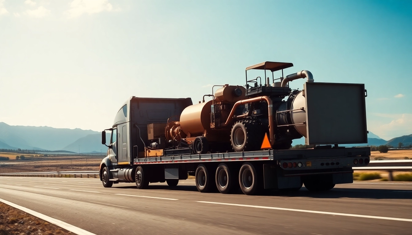 Engaging image demonstrating equipment transportation with a truck carrying heavy machinery on a highway.