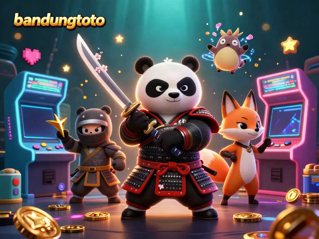 Experience the excitement of bandungtoto with a vibrant 3D illustration featuring a samurai panda and gaming elements.