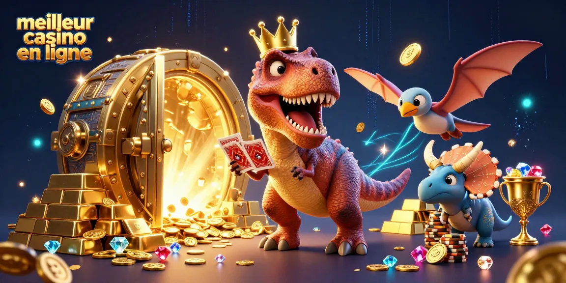 Explorez le meilleur casino en ligne avec un T-Rex et un Pterodactyle dans une scène ludique.
