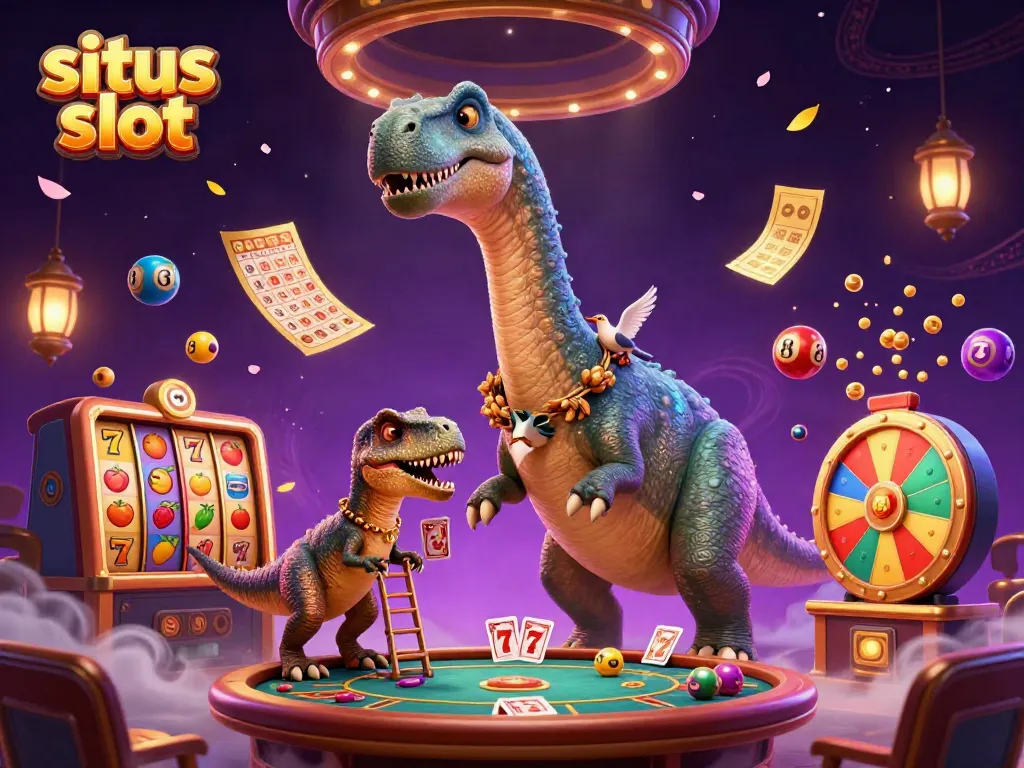 Experience the excitement of situs slot with a dinosaur-themed casino illustration showcasing vibrant gaming elements.