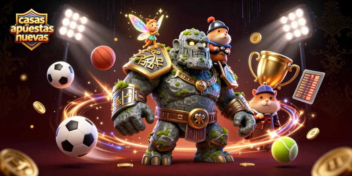Ilustración sobre casas de apuestas nuevas con un golem, un hada y un caballero hámster en un entorno de apuestas deportivas.
