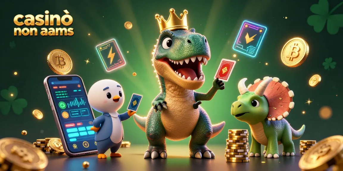 Visualizza l'illustrazione dinamica "casinò non aams" con un T-Rex e strumenti da gioco fluttuanti mentre provano a distribuire carte e chip dorati.