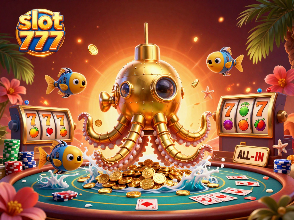 Spin the thrilling slot 777 with the golden kraken submarine amidst vibrant coins and poker chips.