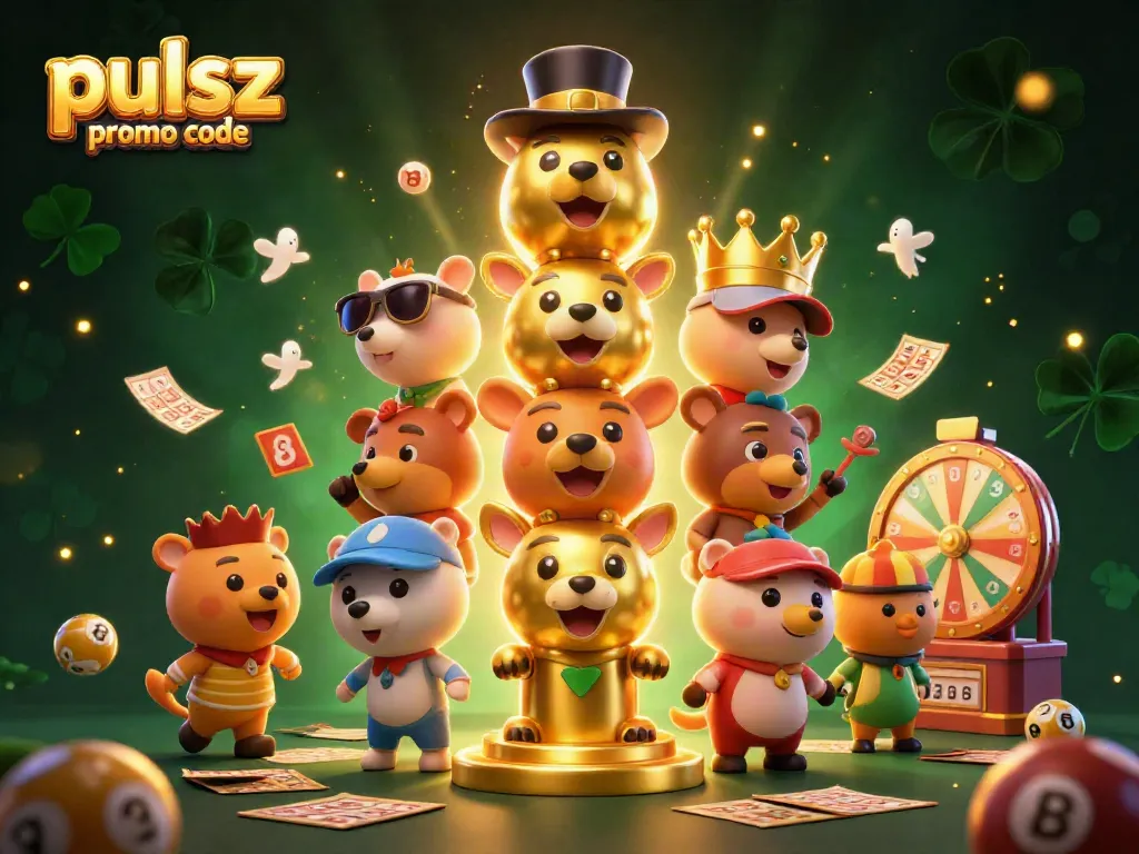 Engage with the pulsz bingo promo code scene featuring energetic cartoon characters among bingo elements, creating excitement