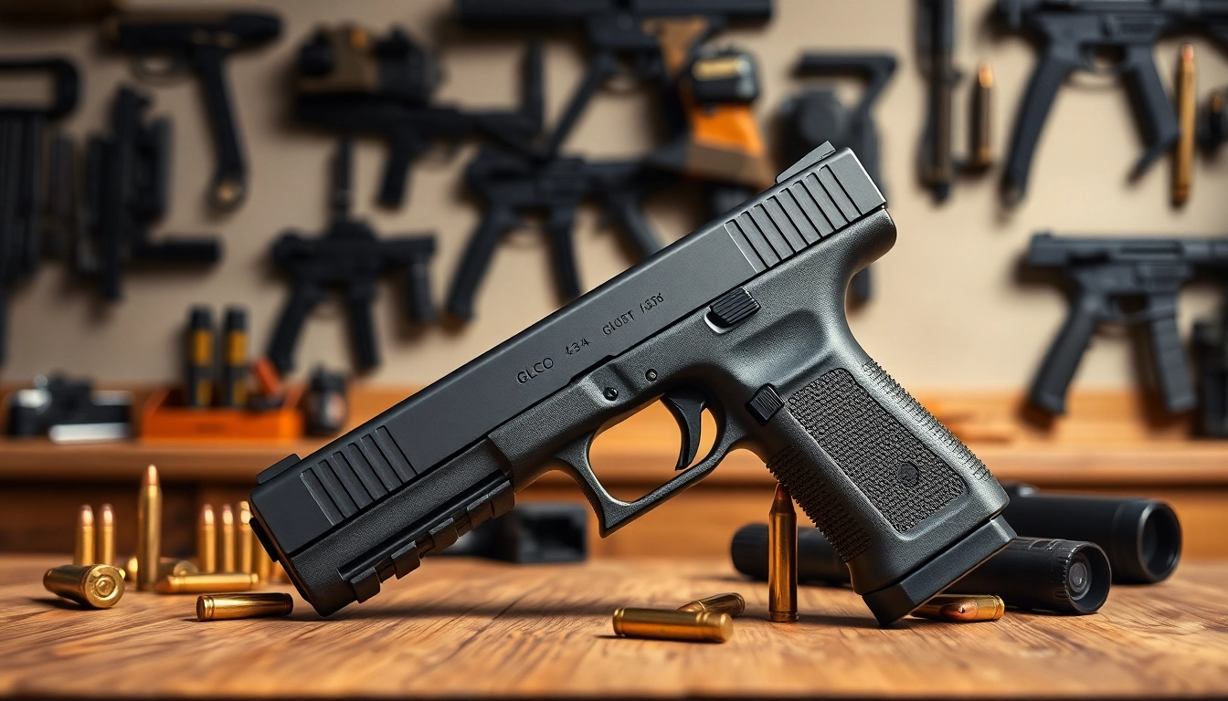 Showcase glock 43x mos pistol highlighting its features on a tactical display.