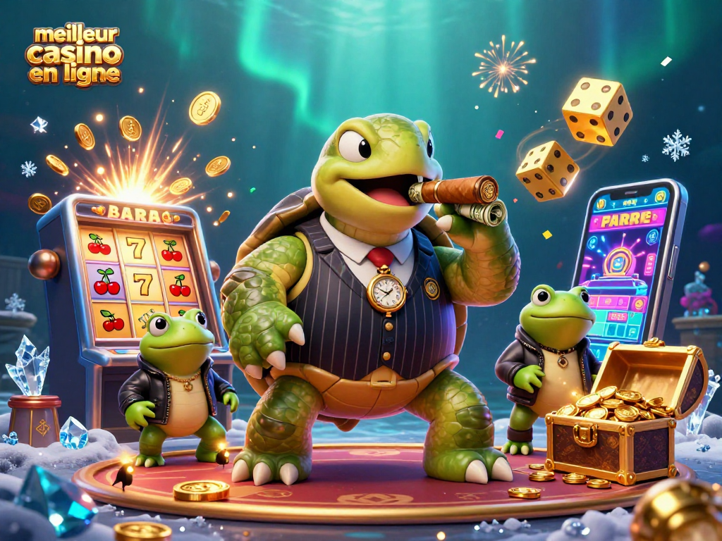 Une immense tortue en costume joue avec le meilleur casino en ligne, entourée de jetons et de lumières scintillantes.