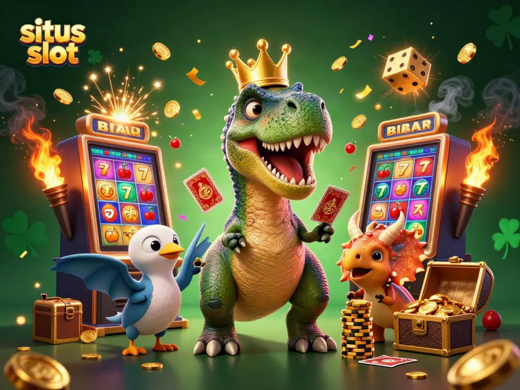 Gali situs slot dengan T-Rex dan triceratops, merayakan jackpot mesin slot.