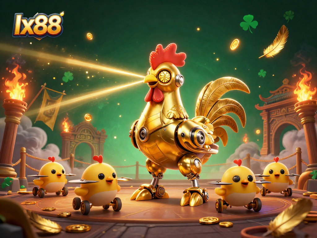 Engage with lx88's thrilling golden rooster robot striking fiery poses amidst exciting gambling game elements
